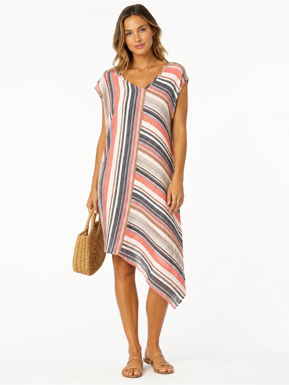 For Cynthia Linen Blend Striped Asymmetrical Midi Shift Vacation Dress Resort